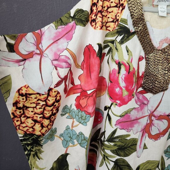 Peck & Peck 100% Linen Blouse L Floral Beaded Collar Poncho Oversize Boxy Kimono - Picture 6 of 14